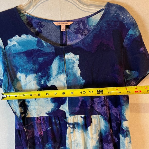 Juicy Couture Watercolor Floral Peplum Top Short Sleeve Blue Purple - Size L - Picture 6 of 7
